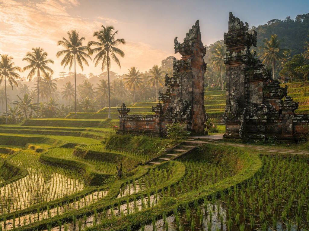 Tropical temple gate and rice terraces (illustrative)